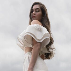 Ivory Ruffle Off-Shoulder Crop Top and Skirt Set